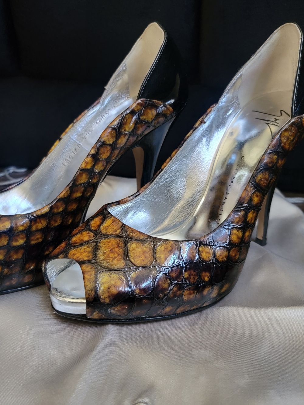 Giuseppe Zanotti Brown Croc Embossed Peep-Toe Stiletto Heels - Picture 2 of 5
